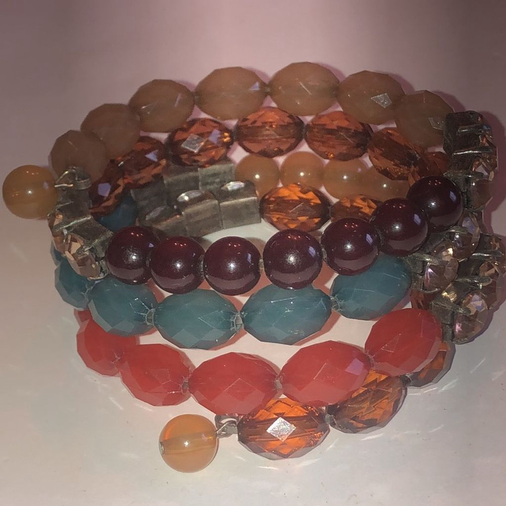 Boho Beaded Neutral Tone Brown Blue & Orange Beads Wrap Bracelet - Picture 2 of 6